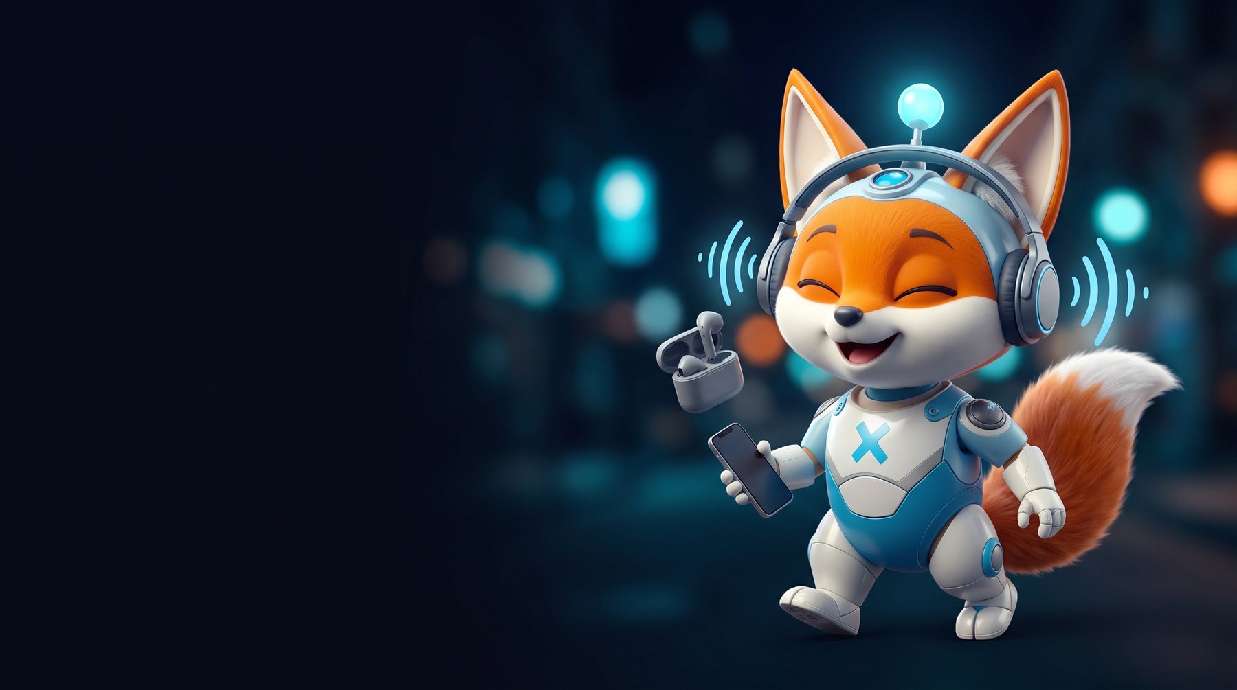 Nexi, el zorro robot de NEXOTECH, caminando por la ciudad de noche con audífonos inalámbricos y el celular en la mano