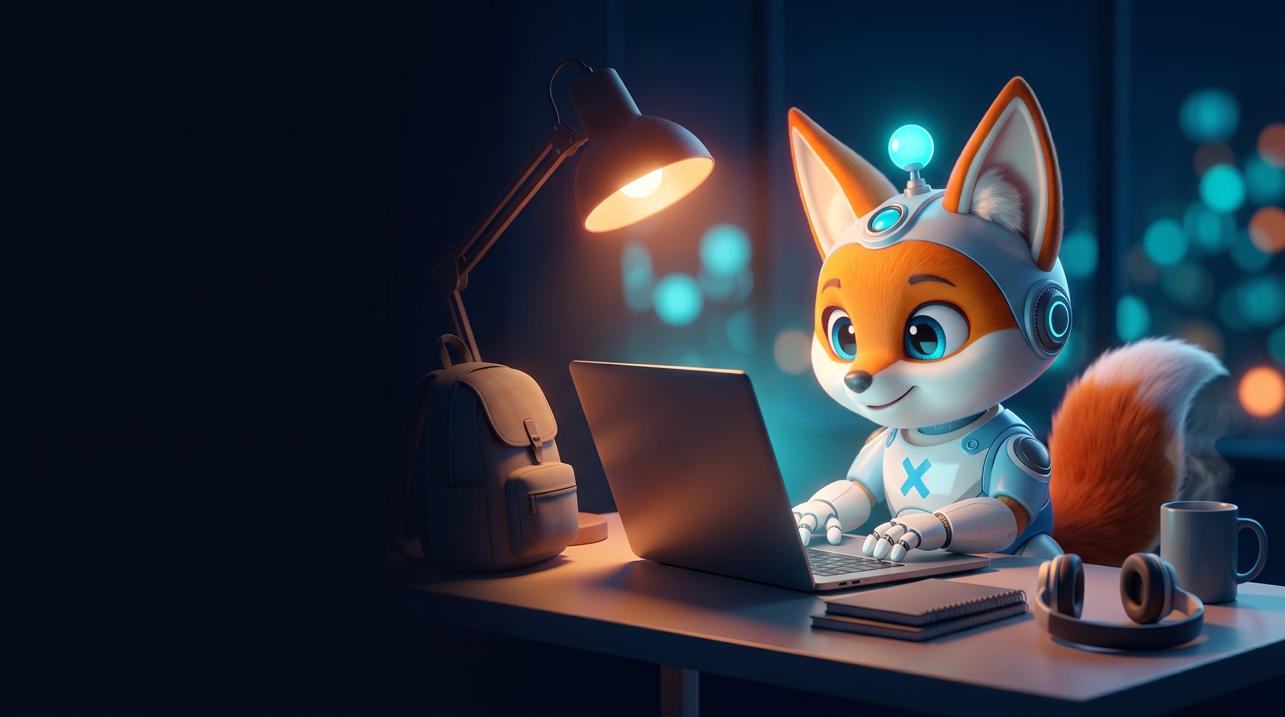 Nexi, el zorro robot de NEXOTECH, estudiando de noche en una laptop sobre un escritorio con cuadernos, mochila, audífonos y una lámpara