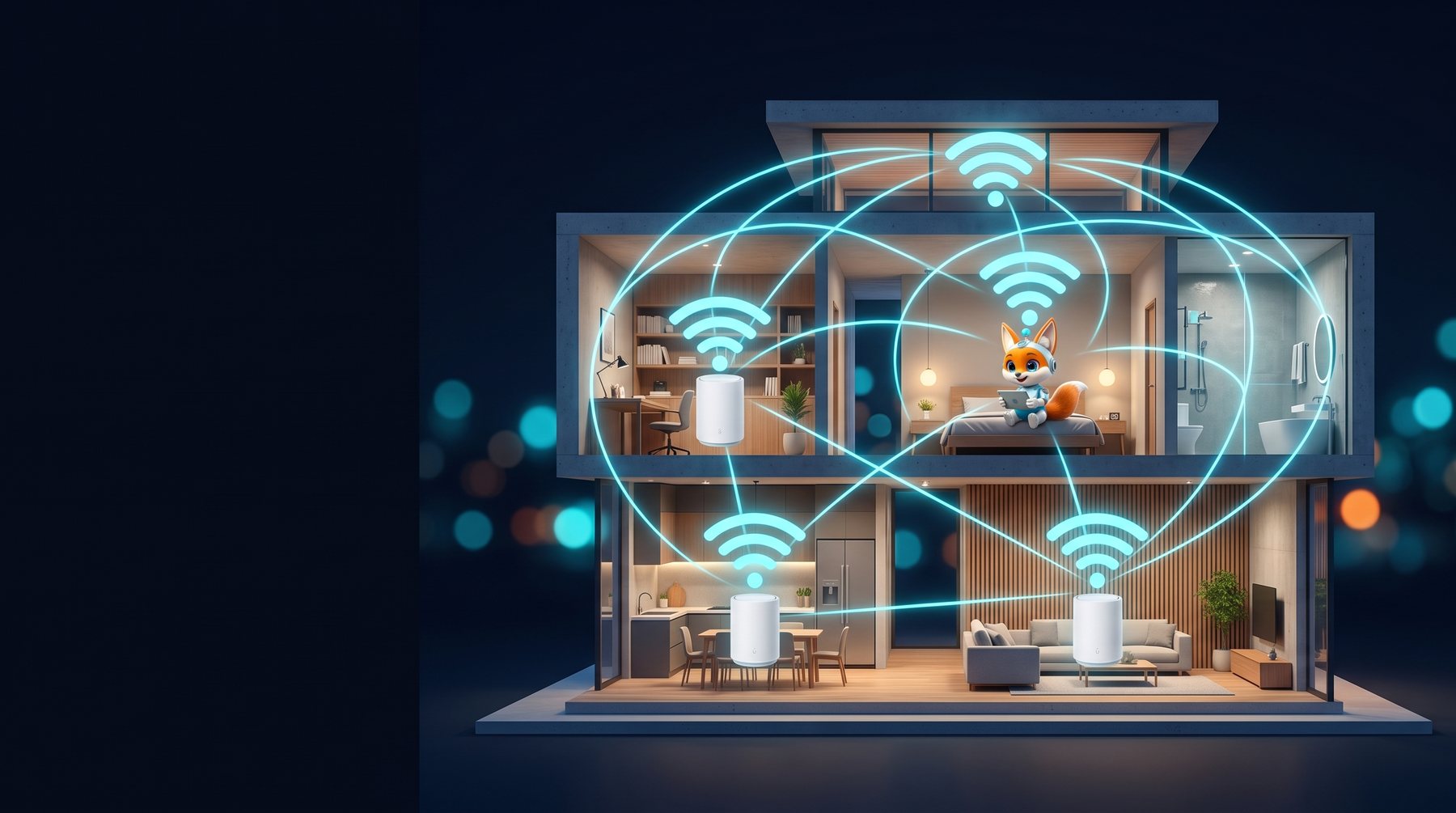 Una casa de dos niveles con tres nodos de Wi-Fi mesh que cubren todos los cuartos con señal, y Nexi en uno de ellos con una tablet