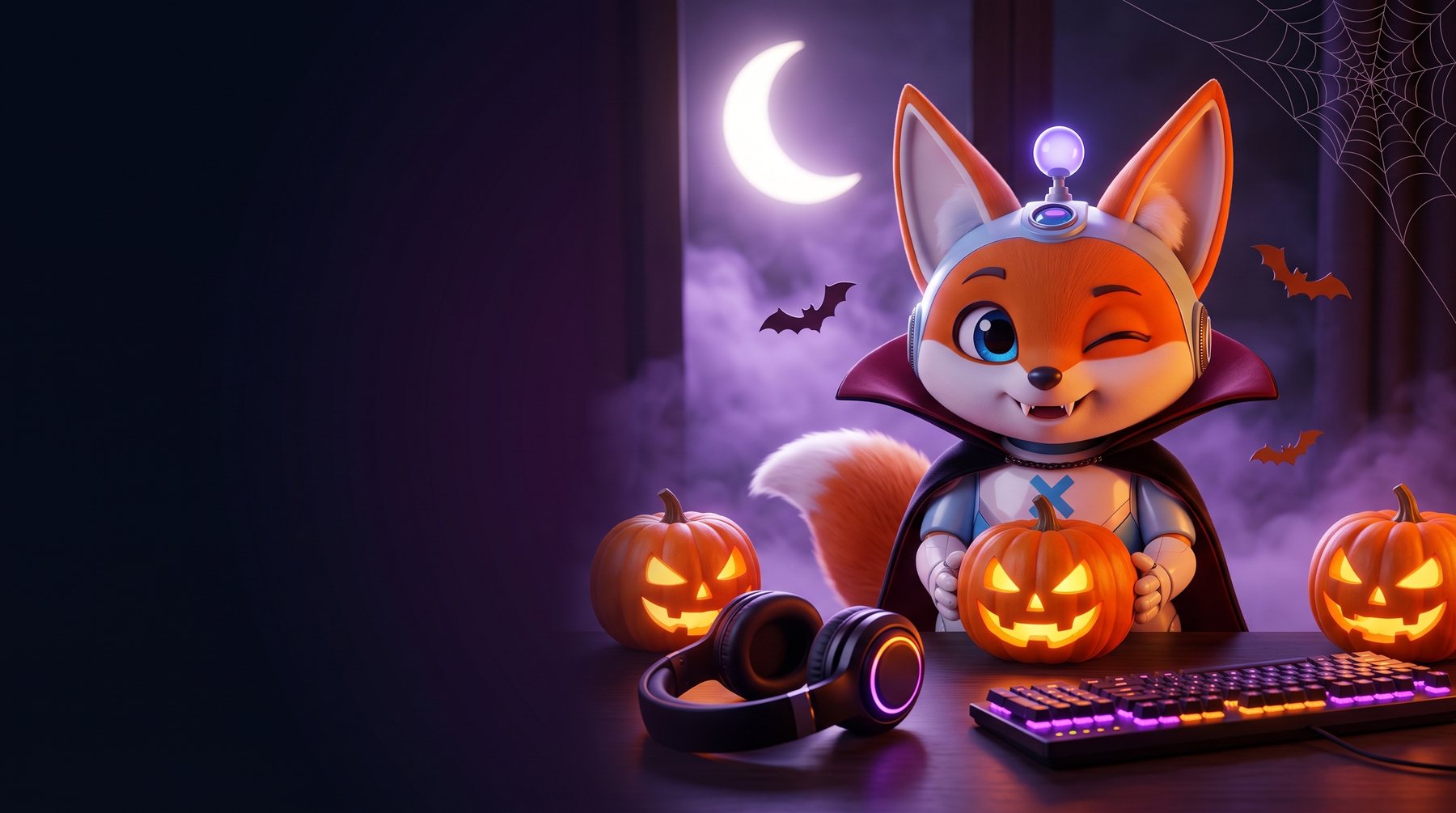 Nexi, el zorro robot de NEXOTECH, con capa de vampiro y una calabaza encendida, junto a unos audífonos y un teclado con luces bajo la luna