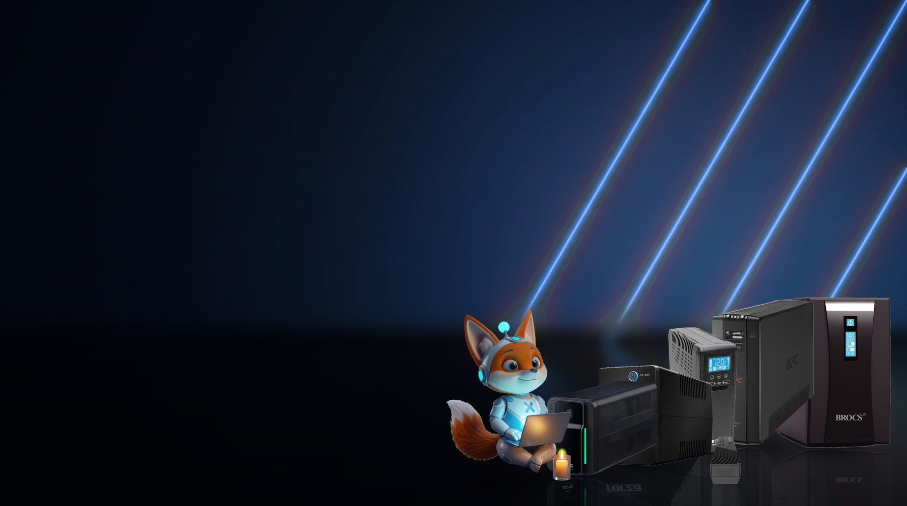 Nexi con su laptop a la luz de una vela durante un apagón, junto a UPS encendidas