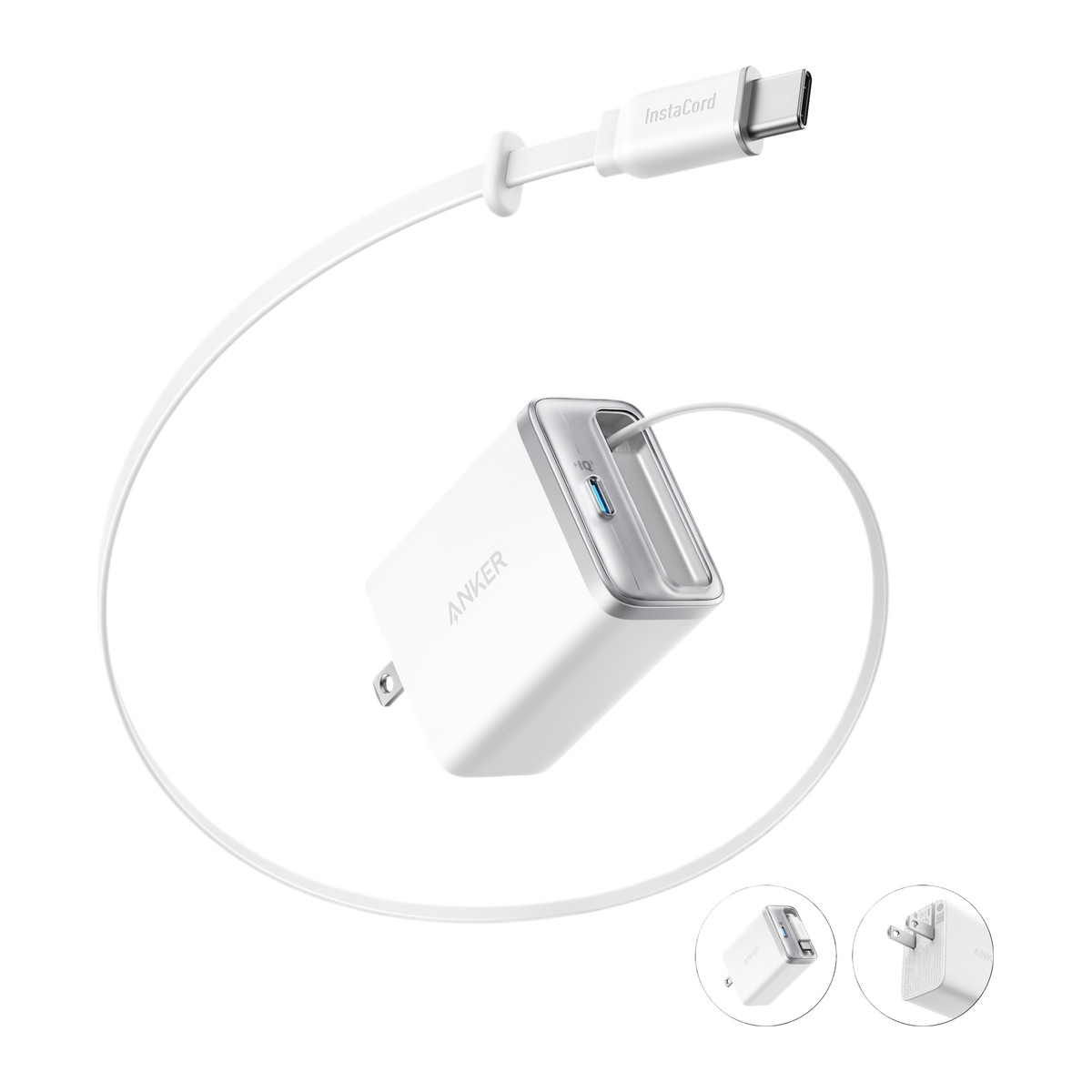Cargador de pared Anker Nano 35 W con cable USB-C retráctil Blanco