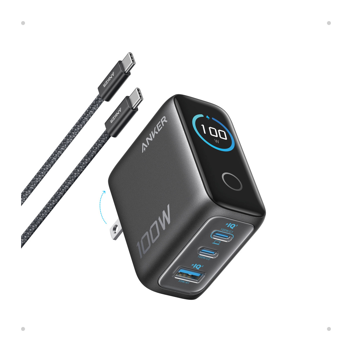 Cargador de pared Anker 100 W 3 puertos con pantalla inteligente Negro