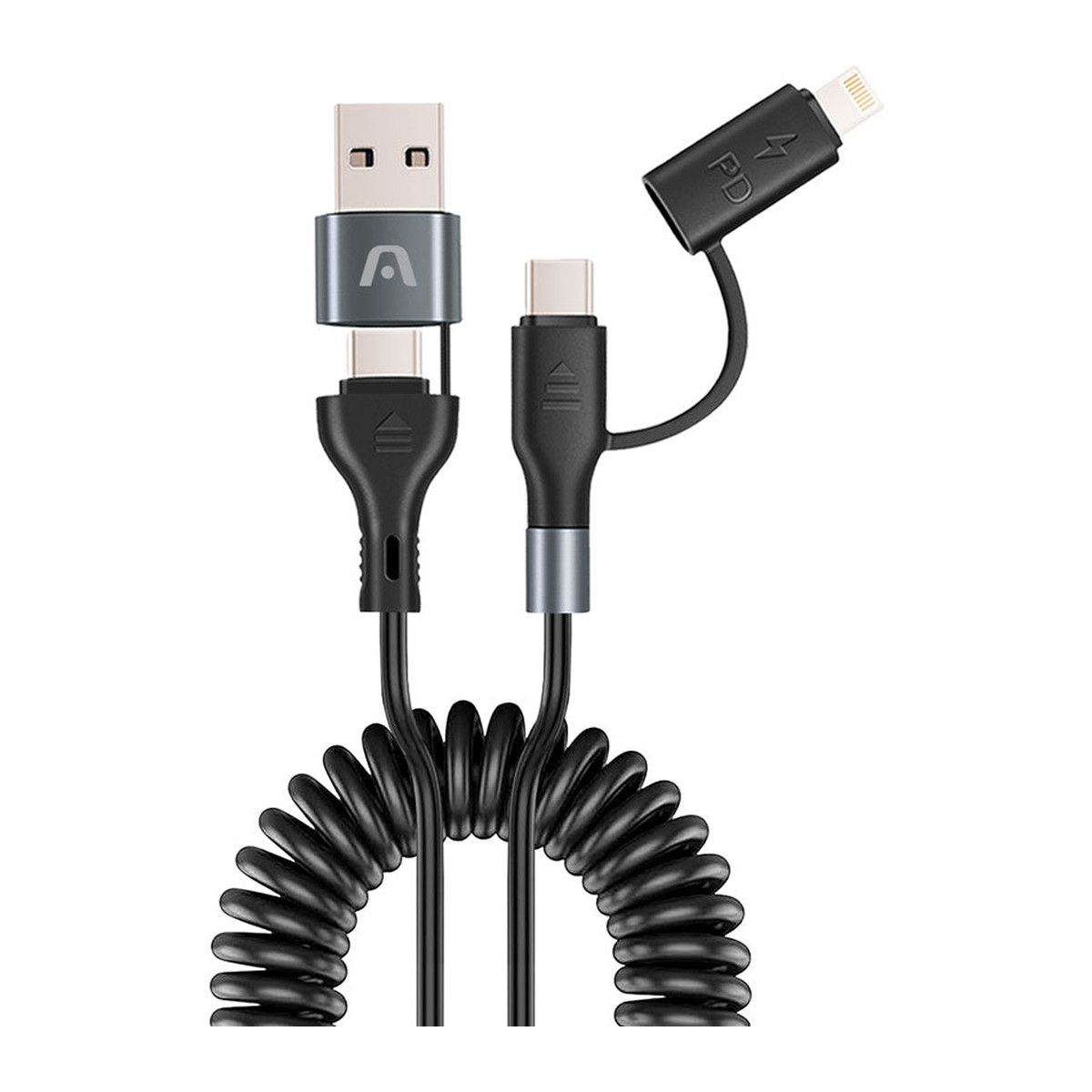 Cable 4 en 1 USB-C y Lightning 60W Argom Dura Coil 1.5 m Negro