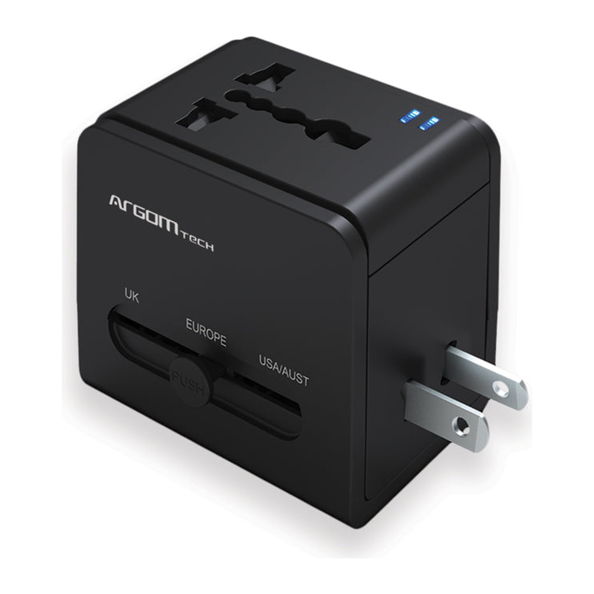 Adaptador de viaje universal Argom con USB-C PD 20W y USB Negro