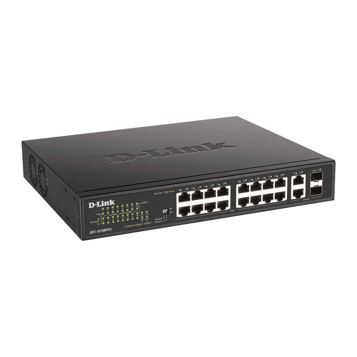 Switch PoE+ D-Link DES-1018MPV2 16 puertos 247 W con 2 puertos Gigabit combo