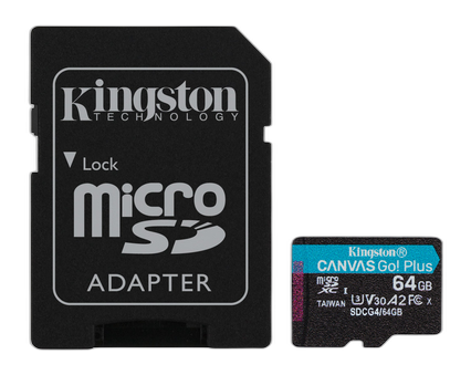 Kingston Technology Tarjeta microSDXC Canvas Go Plus Gen4 de 64 GB, 200 MB/s, A2 U3 V30 y adaptador