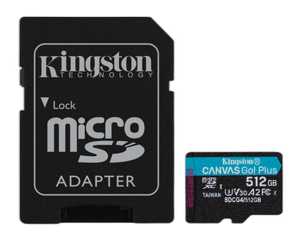 Kingston Technology Tarjeta microSDXC Canvas Go Plus Gen4 de 512 GB, 200 MB/s, A2 U3 V30 y adaptador