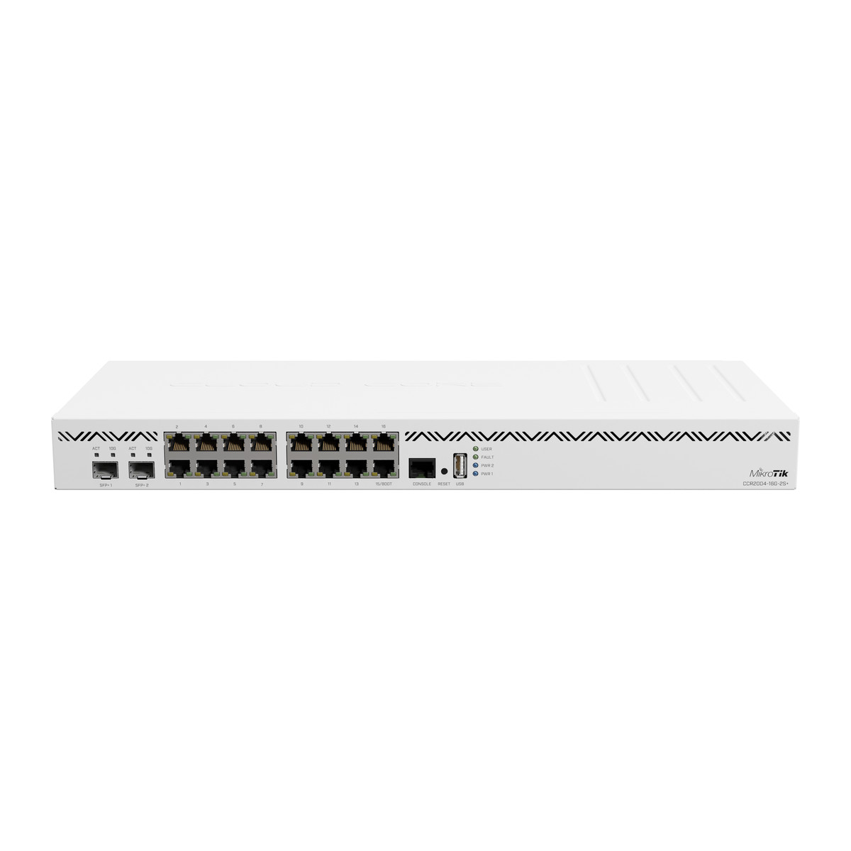 Router MikroTik CCR2004-16G-2S+ con 16 puertos Gigabit y 2 SFP+ 10G para rack