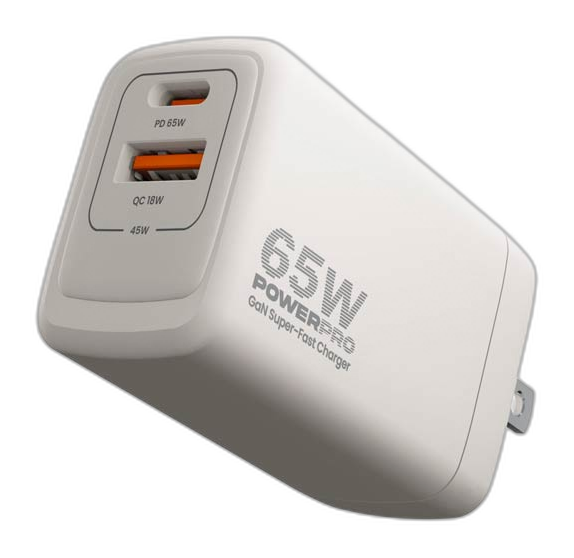 Cargador de pared Unno Tekno PowerPro Dual USB-A USB-C 65W blanco