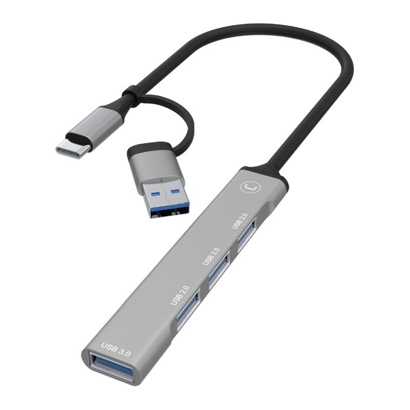 Hub Unno Tekno 4 Puertos HB1014GY USB-A 2 en 1 Gris
