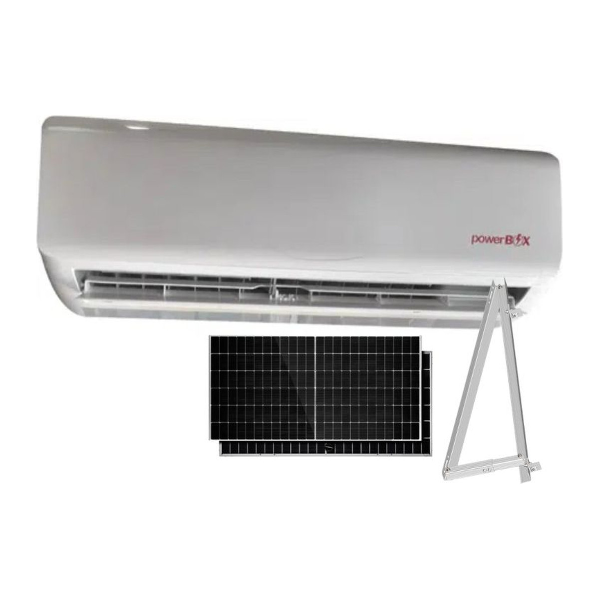 Aire acondicionado solar híbrido PowerBox 18,000 BTU + 7 paneles solares HiTek 600 W con soportes