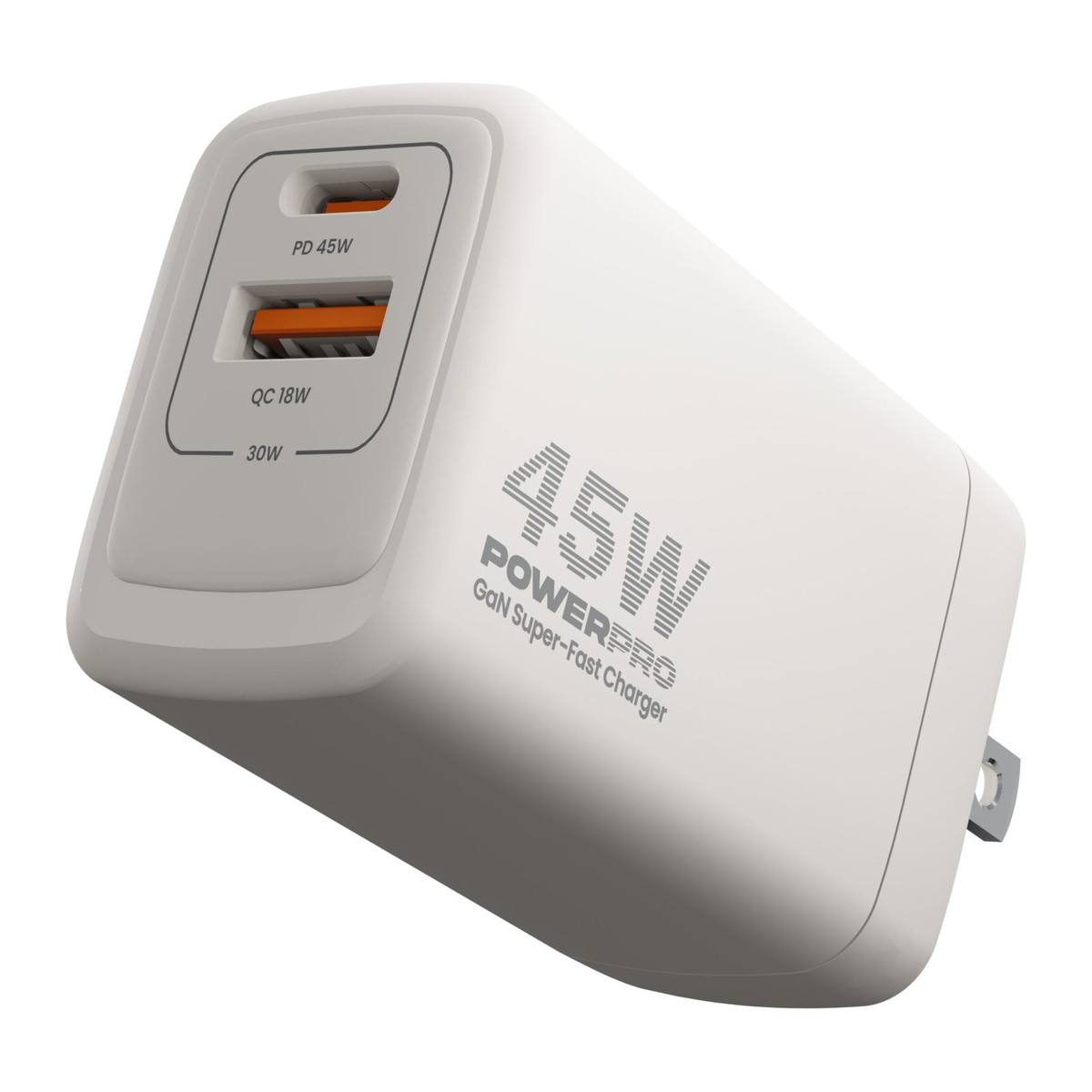 Cargador de pared Unno Tekno PowerPro PW5065WT GaN 45 W USB-A y USB-C Blanco