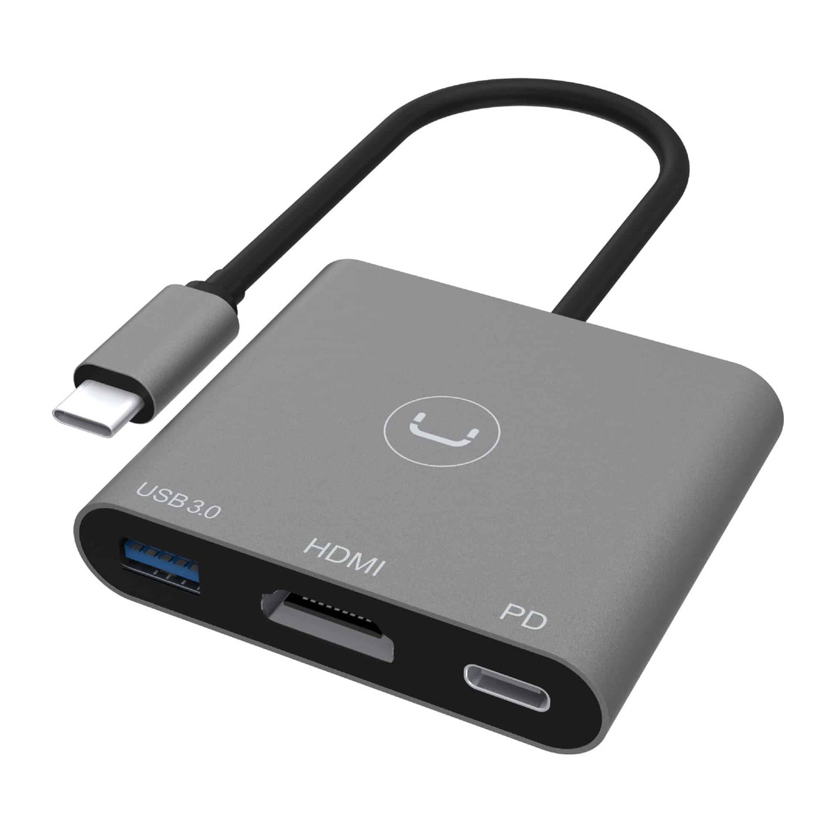 Hub USB-C 3 en 1 Unno Tekno HB1101GY con HDMI, USB 3.0 y PD Gris